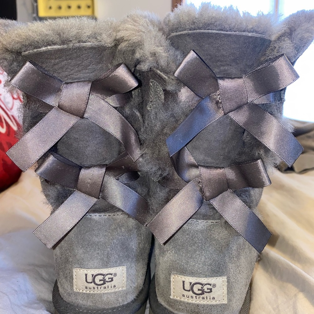 UGG Gray Ankle Boots with Ribbon Detail